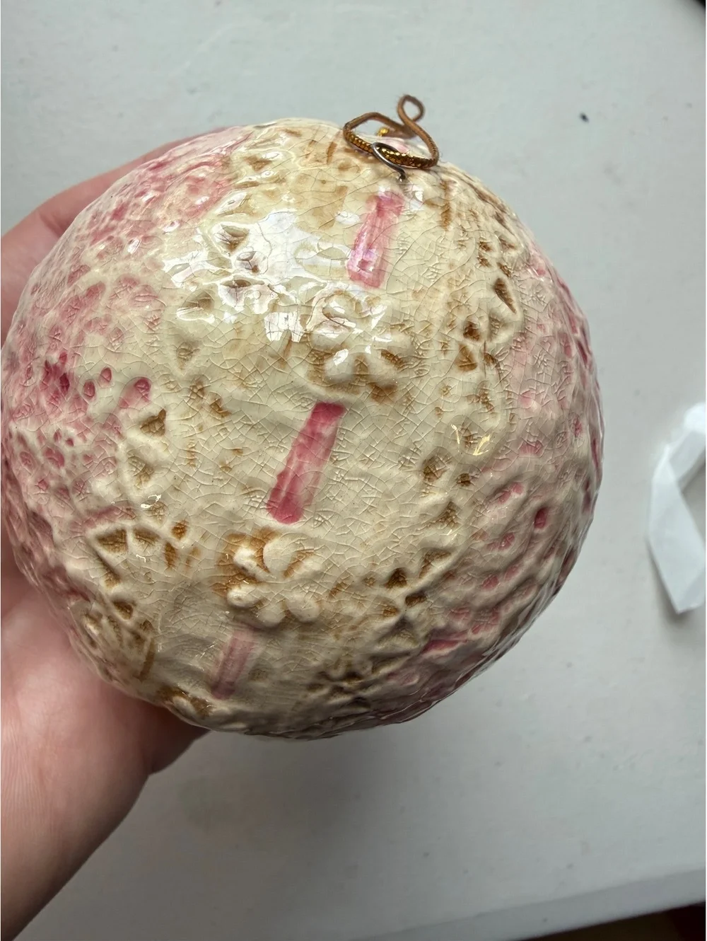 Vintage Ceramic Christmas Ornament Pink Floral Crackle Glaze 3.5”